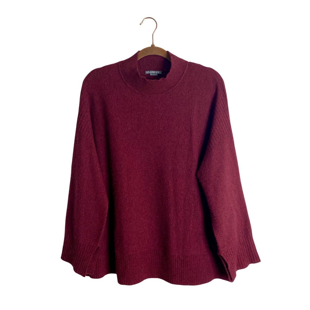 Alashan Cashmere Sweater L XL Burgundy Wine Mock Neck Oversized Quiet Luxury
